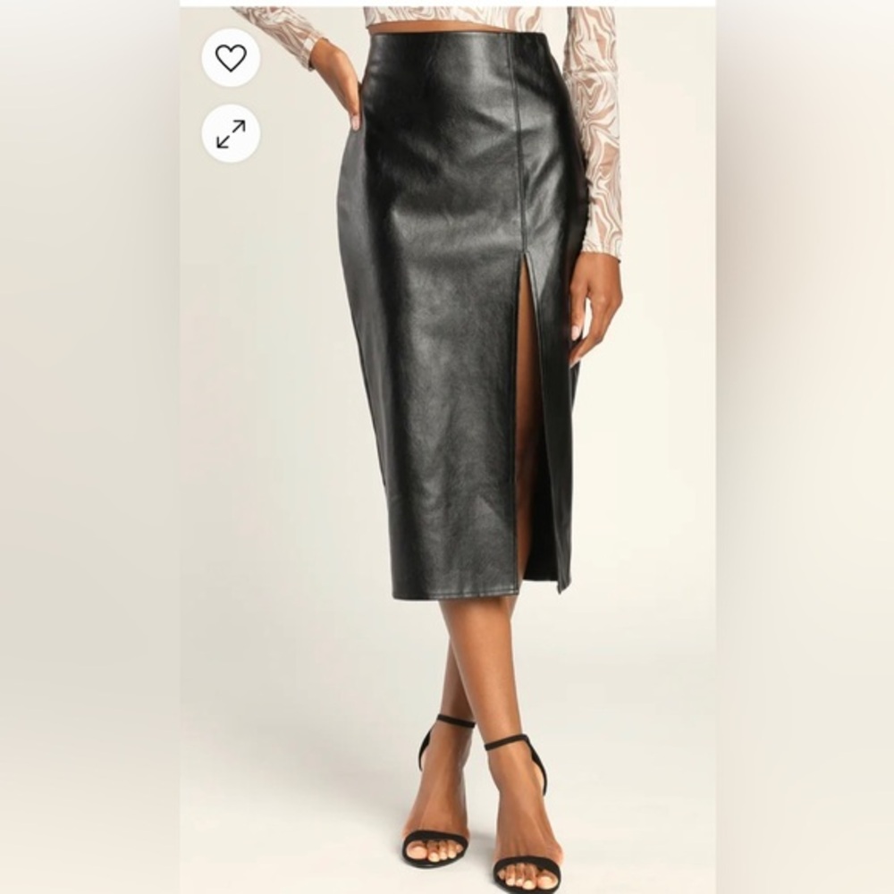 LULUs Irresistibly Fly Black Vegan Leather Midi Skirt NWT-0030